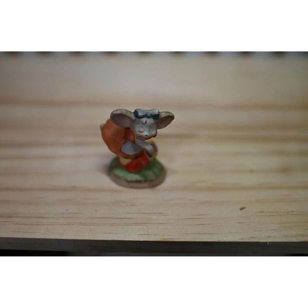 Vintage Lefton Country Mouse Figurine Orange Dress Blue Bow Ceramic 70s